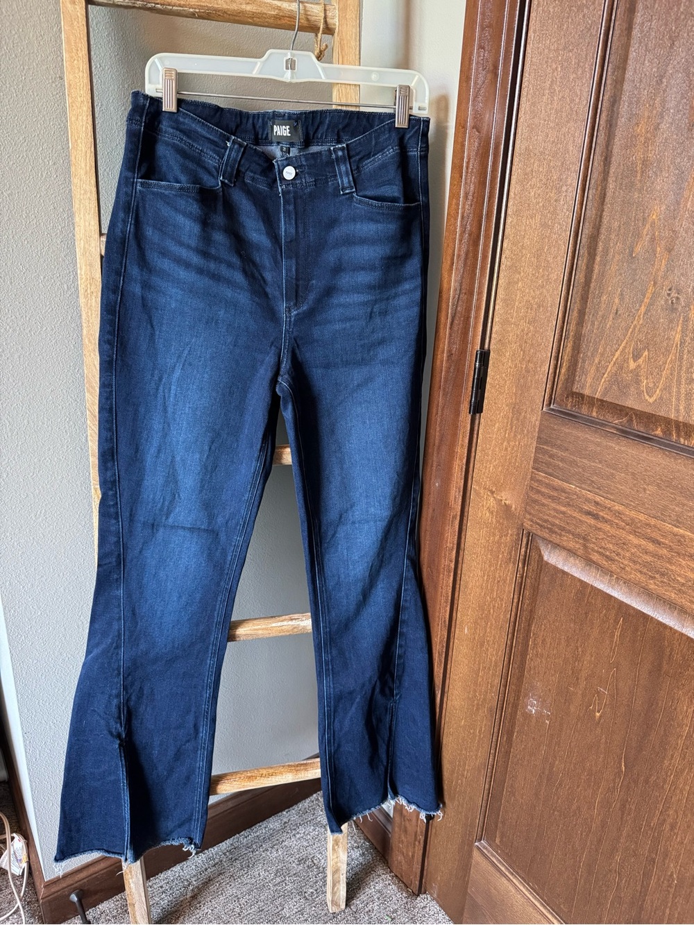 PAIGE Dark Blue Flared Raw-Hem Jeans